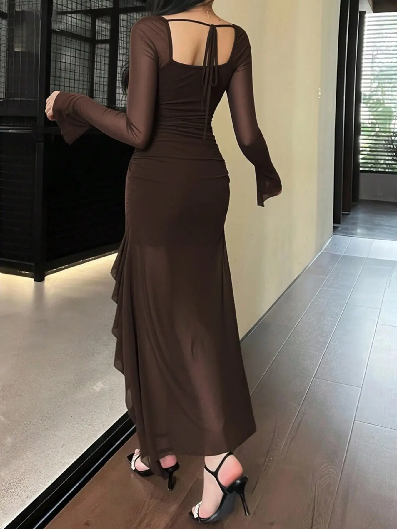 knee length dresses for ladies Women's Black Mesh Maxi Dress main image 1