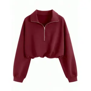 Women’s fashion half-zip drawstring sweatshirt, slim-fit cropped top, casual plain design, spring and autumn wear, stylish ladies’ clothing