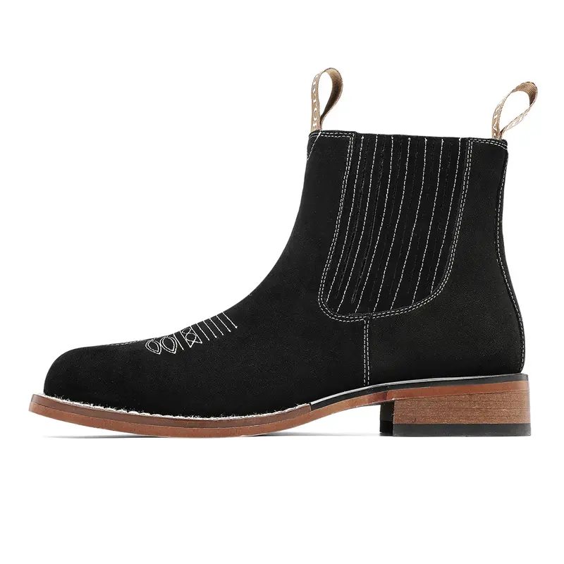 Men's Suede Chelsea Boots - Western Embroidered Square Toe Ankle Boots with Hand-Finished Vintage Patina Combo Sole, Stacked Heel & Dual Pull Tabs - Classic Black Dress Casual Boots for Men