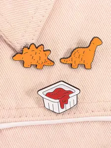 3pcs/set Cartoon Dinosaur Cookies Enamel Alloy Pin Stegosaurus Tyrannosaurus Rex Cookies Ketchup Metal Brooches Lapel Backpack Badge Fashion Style Jewelry Accessories Gifts for Friends