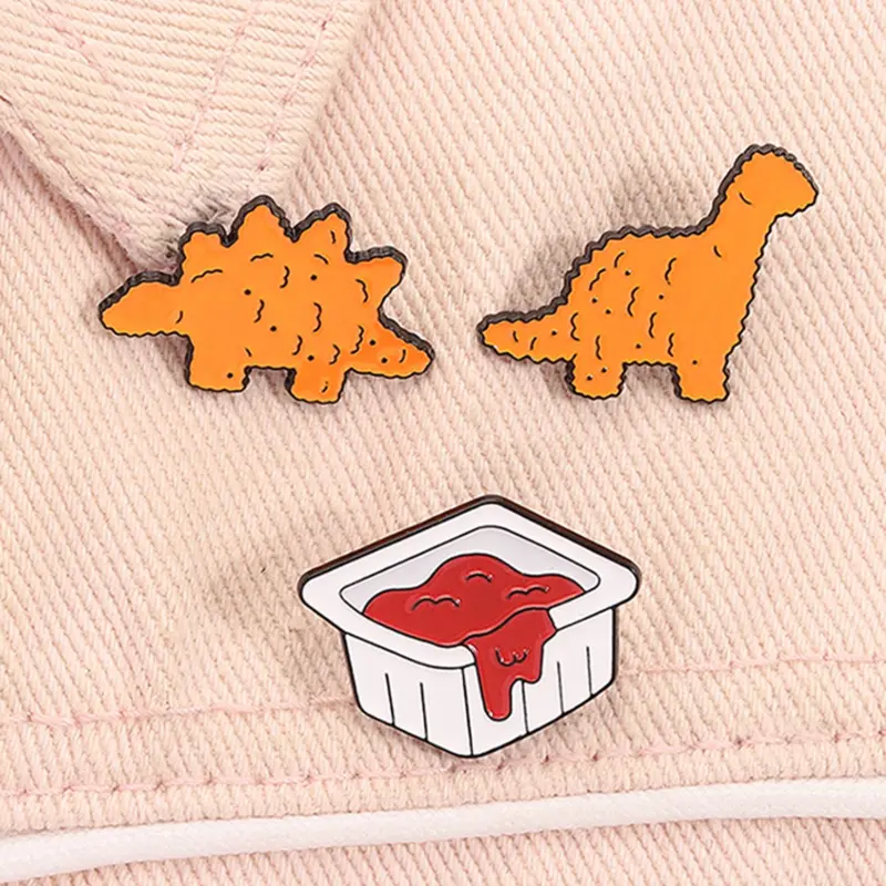 3pcs/set Cartoon Dinosaur Cookies Enamel Alloy Lapel Pins Brooch Pin Clip Stegosaurus Tyrannosaurus Rex Cookies Ketchup Metal Brooches Lapel Backpack Badge Fashion Style Jewelry Accessories Durability Gifts for Friends