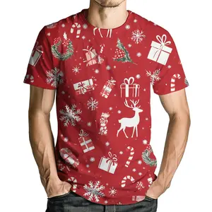 Unisex Red Christmas T - Shirt with Festive Snowflakes, Candy Canes, Gift Boxes, Reindeer, Holly & Nutcracker Prints – Ideal for Holiday Parties, Festive Celebrations & Casual Winter Wear