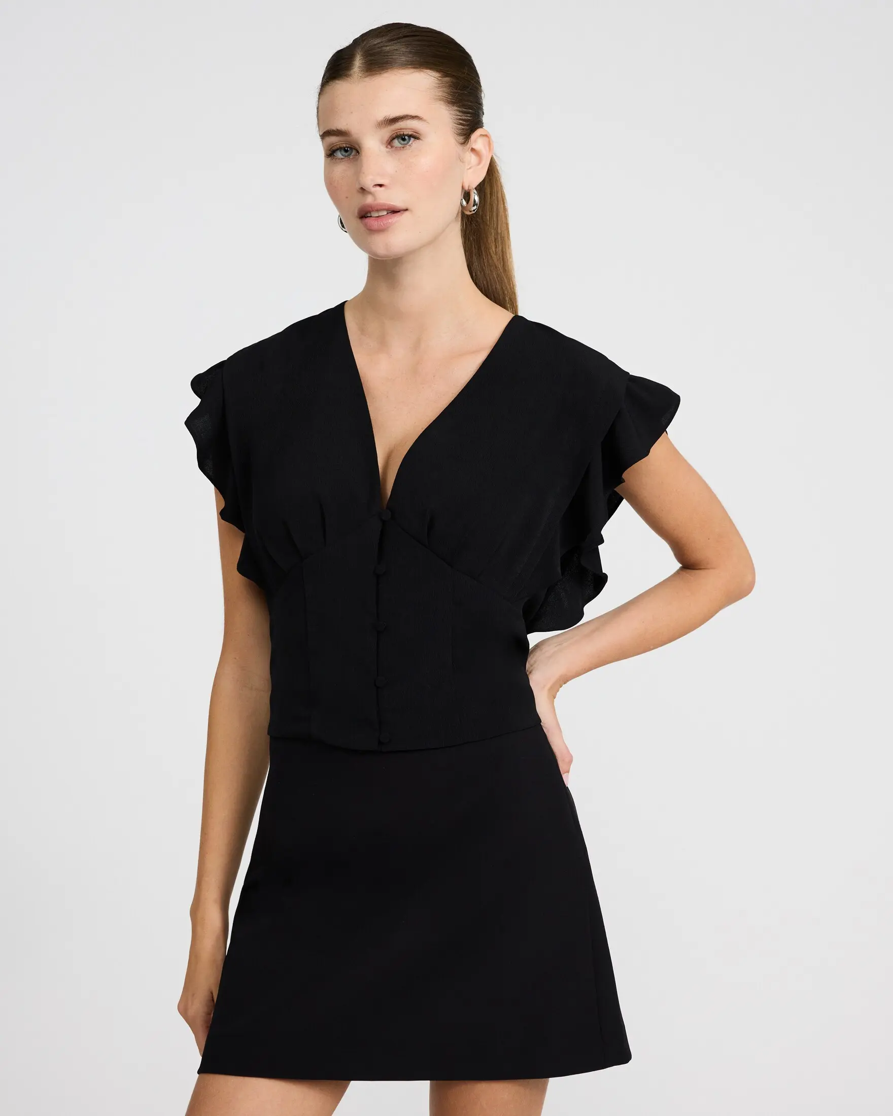 Express V-Neck Flutter Sleeve Button Front Top, Matching, Shirts, Blouse