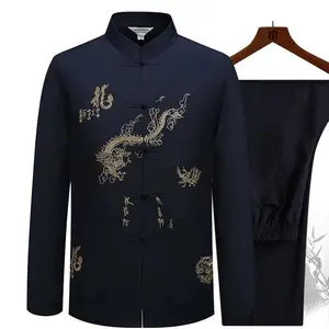 Chinese Traditional Tang Clothing Kung Fu Suit Fashion Casual Embroidery T-shirt Pants Wing Chun Tai Chi Comfortable Men's Set