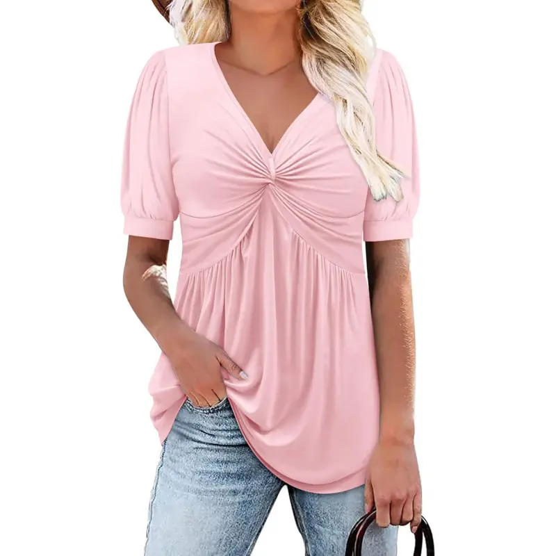 Women's V-Neck Short-Sleeve Comfy Fabric Blouse - Front-Knotted Casual Solid & Floral Henley Tunic Tee, Summer Loose Wear for Ladies, Pair with Jeans, Lady