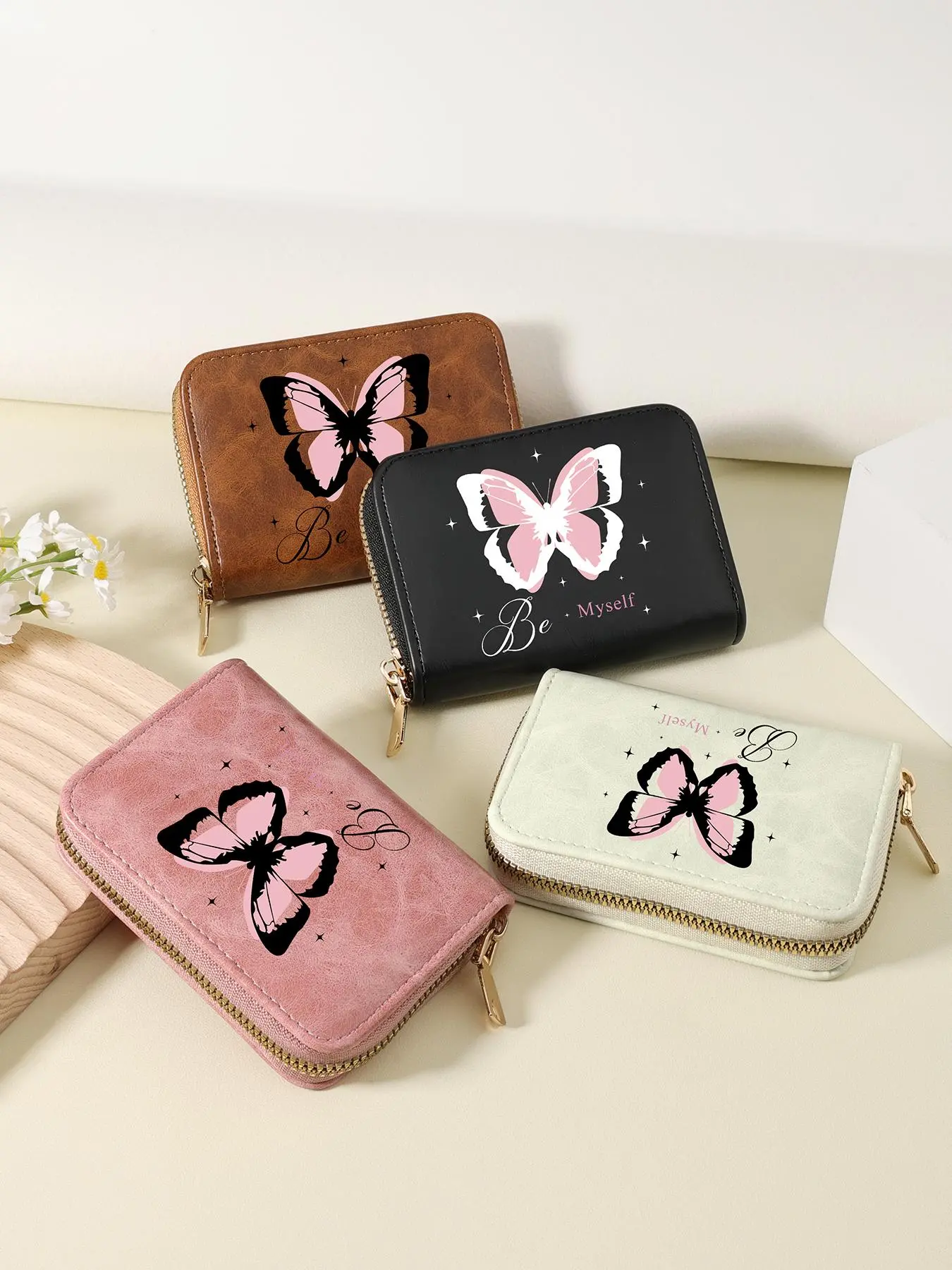 Fashionable Butterfly & Letter Pattern Short Wallet, Casual Versatile Zipper Credit Card Holder for Women, Trendy All-match Card Holder for Daily Use