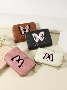 Fashionable Butterfly & Letter Pattern Short Wallet, Casual Versatile Zipper Card Holder for Women, Trendy All-match Card Holder for Daily Use
