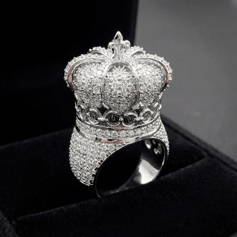 Popular European and American diamond-encrusted crown ring, dazzling and unique, high-end hip-hop ring with diamonds, unisex