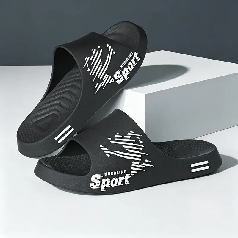 Men's Athletic EVA Slide Slippers - Graphic Print, Thick Cushioned, Anti-Slip, Open Toe, Double Strap, Chic Ankle Support, Bathroom-Indoor Outdoor Summer Casual Footwear for Cozy Feet