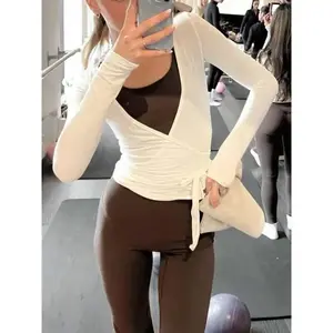 CrossWrapTieTopsDeepVNeckBandageSurpliceWrapCropTopSolidColorCasualSlimFitT-ShirtsFitnessGymYogaAthleticBlousesTopsSportswearDanceBalletDancewear