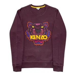 Kenzo Menswear Casual Long Sleeve Pullover, Embroidered Tiger Logo Crewneck Sweatshirt, Maroon Multi Tops