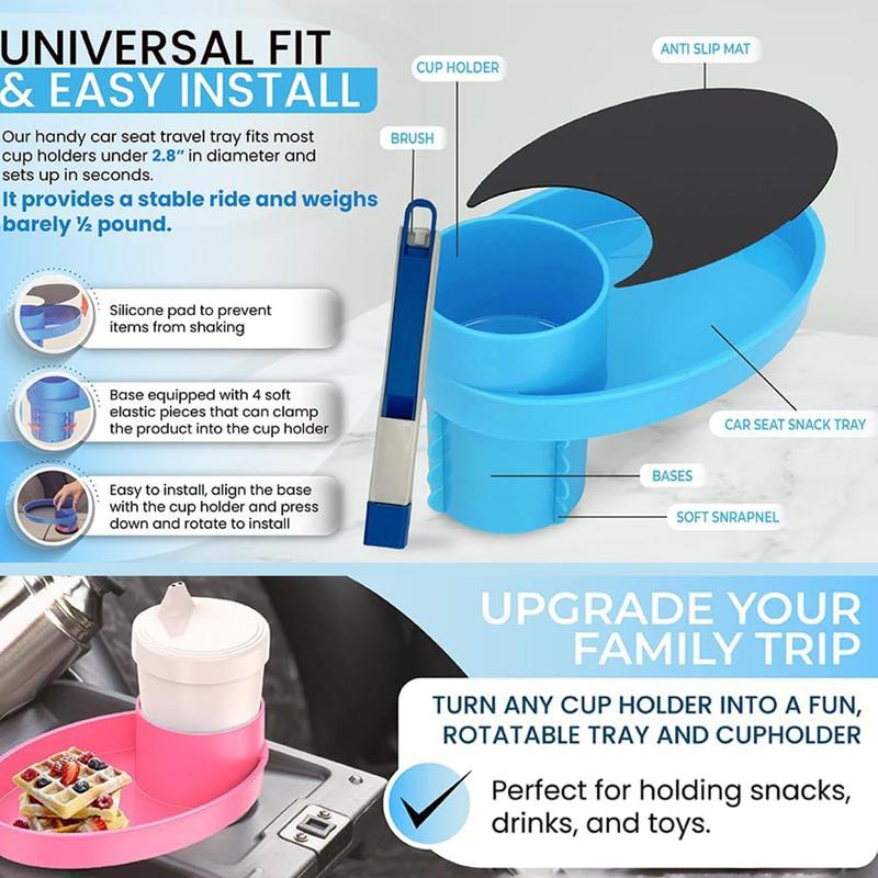 Car Seat Snack Tray, 360° Cup & Travel Tray for Car Seat, Booster, and Road Trip, Car Seat Attachment, Car Interior Accessories