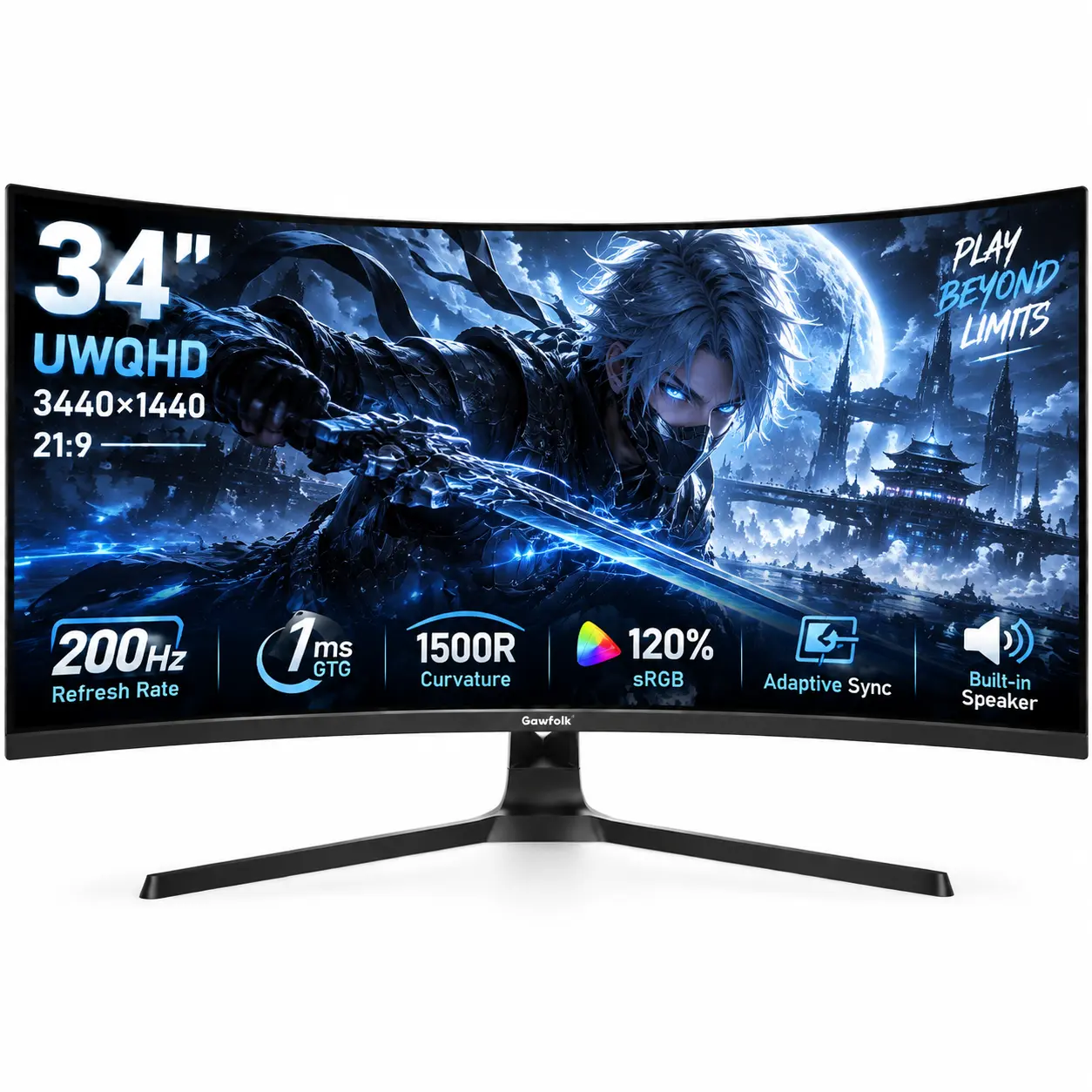 34" Ultrawide Curved Gaming Monitor 200Hz, UWQHD 3440x1440 21:9 Display, 1500R Curve, 1ms GTG, 120% sRGB, Adaptive Sync, Built-in Speaker, HDMI/DP, VESA Mount - Black