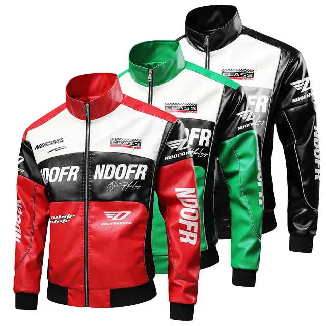 Men's Color Block Graphic Racing Faux Leather Jacket, Vintage Motor Biker Zip Up Stand Collar Bomber Coat Streetwear
