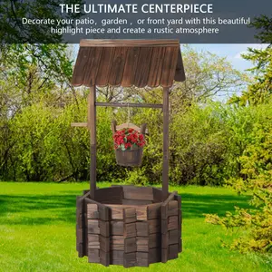 Aoxun Wooden Wishing Well Planter with Hanging Bucket for Flower and Plants Indoor and Outdoor, Rustic Flower Planter Patio Garden Ornamental, Home Decor, Brown