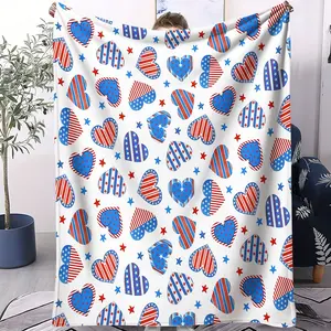 USA Patriotic Heart Print Flannel Blanket, Red White Blue Flag Themed Heart & Star Accent Pattern Throw Blanket, Soft Cozy Warm Blanket - Lightweight Decorative Blanket, Ideal Gift Blanket for 4th Of July & Patriotic Celebrations