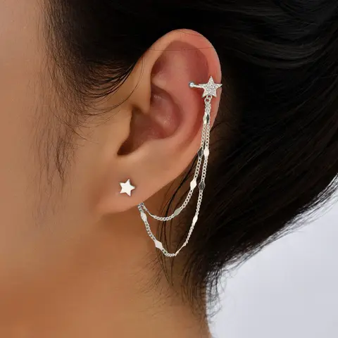 1 Pair Star & Chain Decorated Ear Cuff Earring, Casual Artificial Zircon Jewelry for Women, Trendy Accessories for Party and Daily Life, Clip On Earrings, Ear Cuffs Non Piercing, Ear Clips, Earcuff