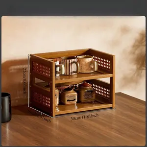 Tabletop Cup Holder Storage Display Rack, Tea Set Cups Water Glasses Coffee Mugs Organizer, Kitchen Counter Shelf, Bamboo Wood Stand