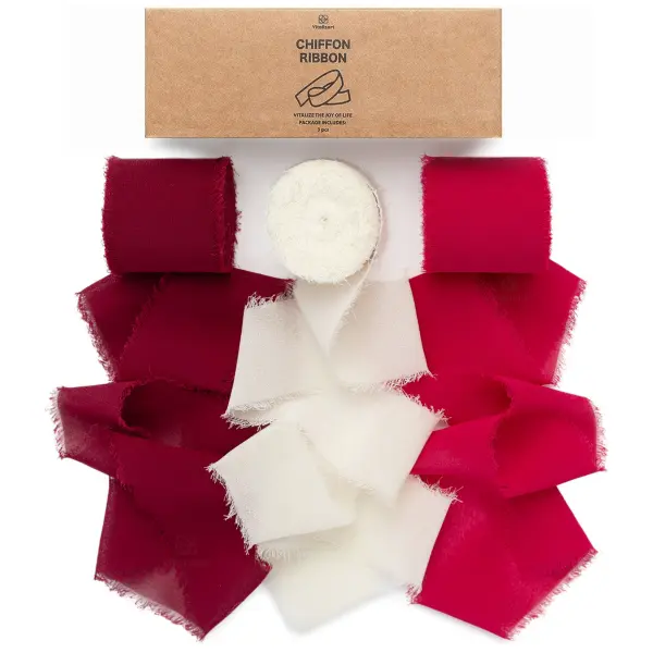 1.5 Inch Chiffon Fringe Ribbon Set 3 Rolls 21 Yd Soft Fabric Ribbon for Gift Wrapping Fall Decor Floral Arrangements Bows
