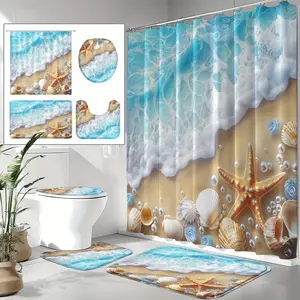4pcs Beach Shower Curtain Set, Ocean Sea Starfish Seashell Bathroom Decor With Non-Slip Rugs, U-Shaped Toilet Mat, Lid Cover, Waterproof Shower Curtain With 12 Hooks, Coastal Starfish Shell Design, Summer Bathroom Accessories, Home Decor