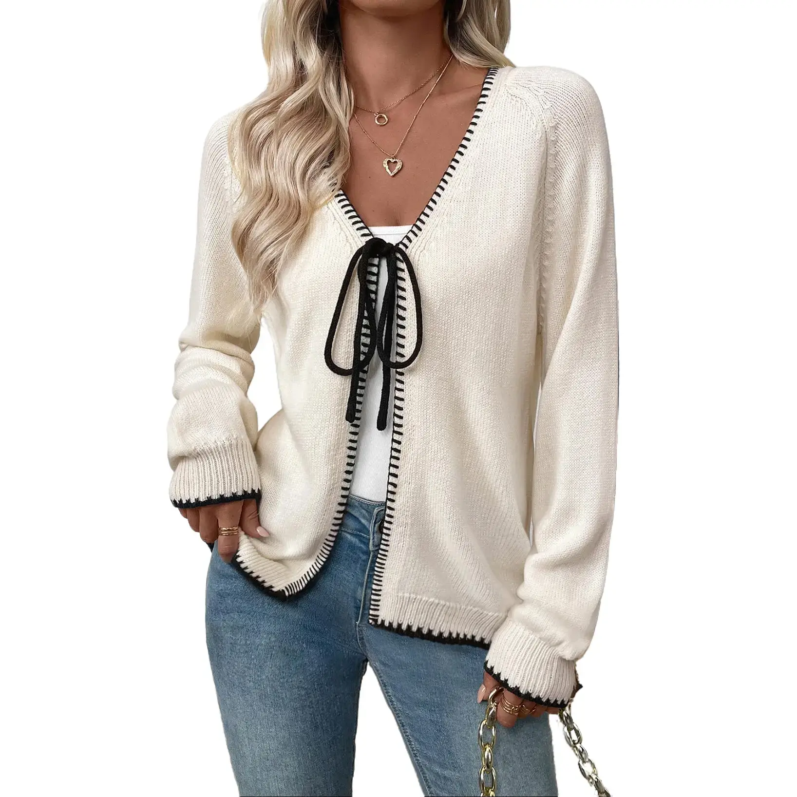 EVALESS Women's Fitted Knit Cardigan Sweater - Trendy V-Neck, Long Sleeve, Open Front with Knot Bow, Chunky Lightweight Fall Basic Outerwear, Beige Casual Work/Outdoors Top, Knitwear