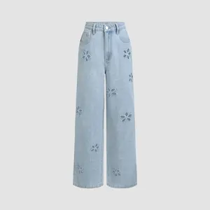 Cider [size 0-10] Denim Mid Waist Floral Pocket Wide Leg Jeans