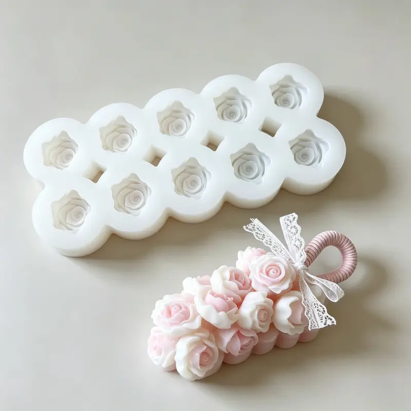 10-Cavity Food-Safe Silicone Mold - 10-Connected 3D Rose Silicone Tray with Realistic Embossed Texture for Handcraft Enthusiasts, DIY Crystal Rose Soaps (Camping & Hiking Personal Care Accessory), Silicone Molds, Soap Making Supplies