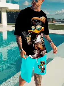 Men's Vintage Style Casual Summer Set with Duck Print, Fitted Short Sleeve T-Shirt and Knee Length Shorts for Comfort Elastic