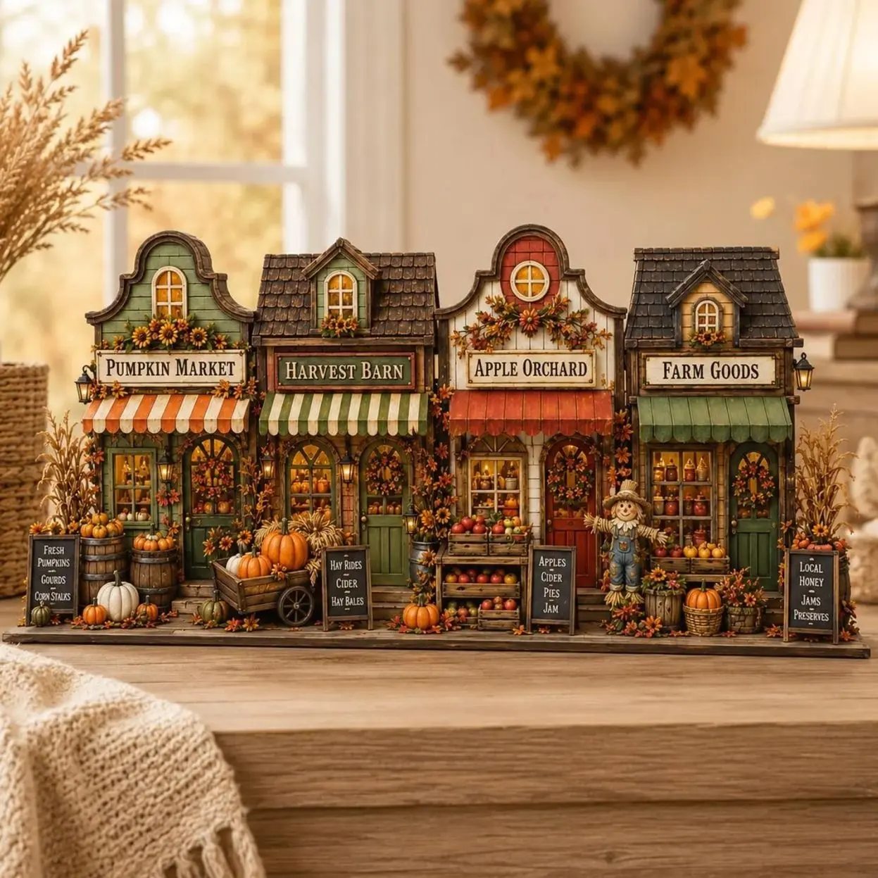 Autumn Village Wooden Shelf Sitter Decor, Harvest Village House Sign, Fall Cottage Row Display, Thanksgiving Mantel Decor, Autumn Home Gift