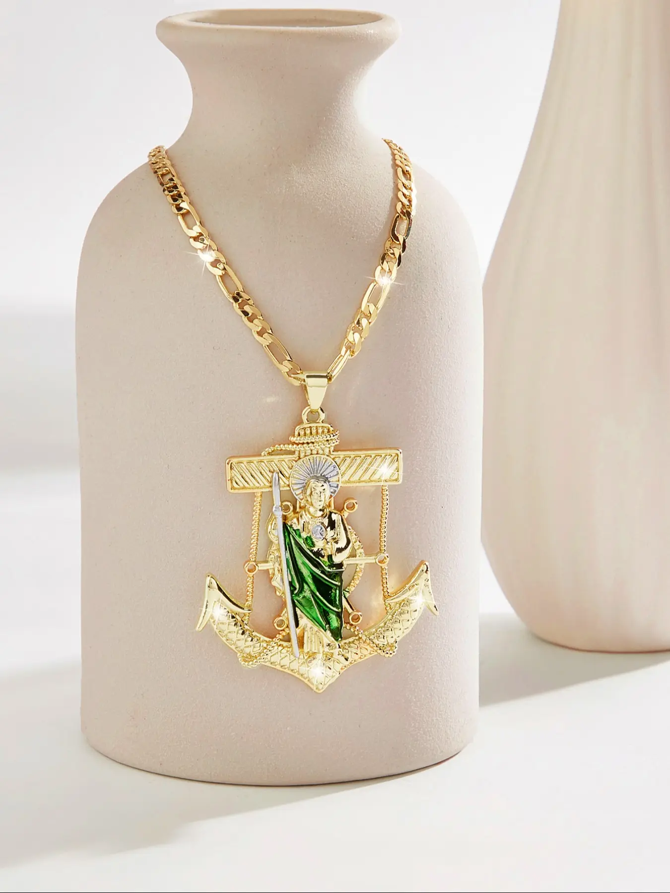 Fashion Hip Hop Saint Jude Charm Anchor Design Cross Large Pendant Costume Jewelry Necklace, Cross Necklaces, Copper Plated Enamel Men's Jewelry, Holiday Party Prayer Blessing, Prayer Symbolism, Cuban Link Chain