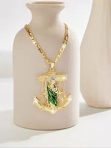 Fashion Hip Hop Saint Jude Charm Anchor Design Cross Large Pendant Necklace, Copper Plated Enamel Men's Jewelry, Holiday Party Prayer Blessing, Prayer Symbolism