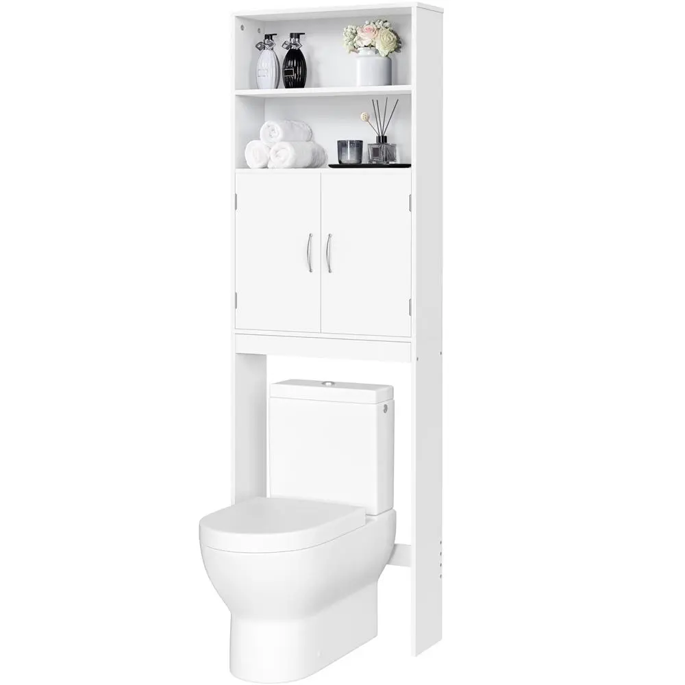 Costoffs 77" Tall Over-the-Toilet Storage Cabinet, Bathroom Shelf with Adjustable Shelf, Double Doors, and Two Open Shelves – White