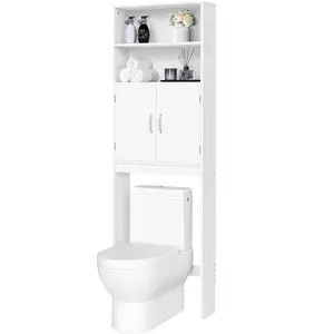 Costoffs 77" Tall Over-the-Toilet Storage Cabinet, Bathroom Shelf with Adjustable Shelf, Double Doors, and Two Open Shelves – White