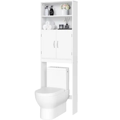 Costoffs 77" Tall Wood Freestanding Over-the-Toilet Apartment Storage Cabinet, Narrow Multi-Purpose Bathroom Organizer with Adjustable Shelf, Double Doors & 2 Open Shelves - White, Easy Setup