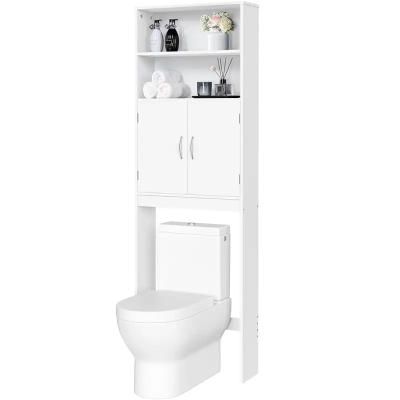 Costoffs 77" Tall Wood Freestanding Over-the-Toilet Apartment Storage Cabinet, Narrow Multi-Purpose Bathroom Organizer with Adjustable Shelf, Double Doors & 2 Open Shelves - White, Easy Setup