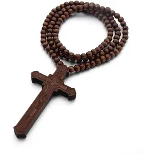 Wooden Cross Necklace For Men Long Large Natural Wood Beads Rosary Jesus Crucifix Cross Pendant Necklace 36inch Chain Religious Christian Prayer Faith Baptism Easter Handmade Jewelry Christmas Gift For Husband Wife Mom Dad Priest Nun Car Ornament