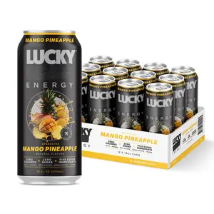 Lucky Energy Mango Pineapple Zero Sugar Energy Drink 16oz Cans 200mg Caffeine with Maca Ginseng Beta Alanine & Taurine 12-Pack Vegan Gluten-Free