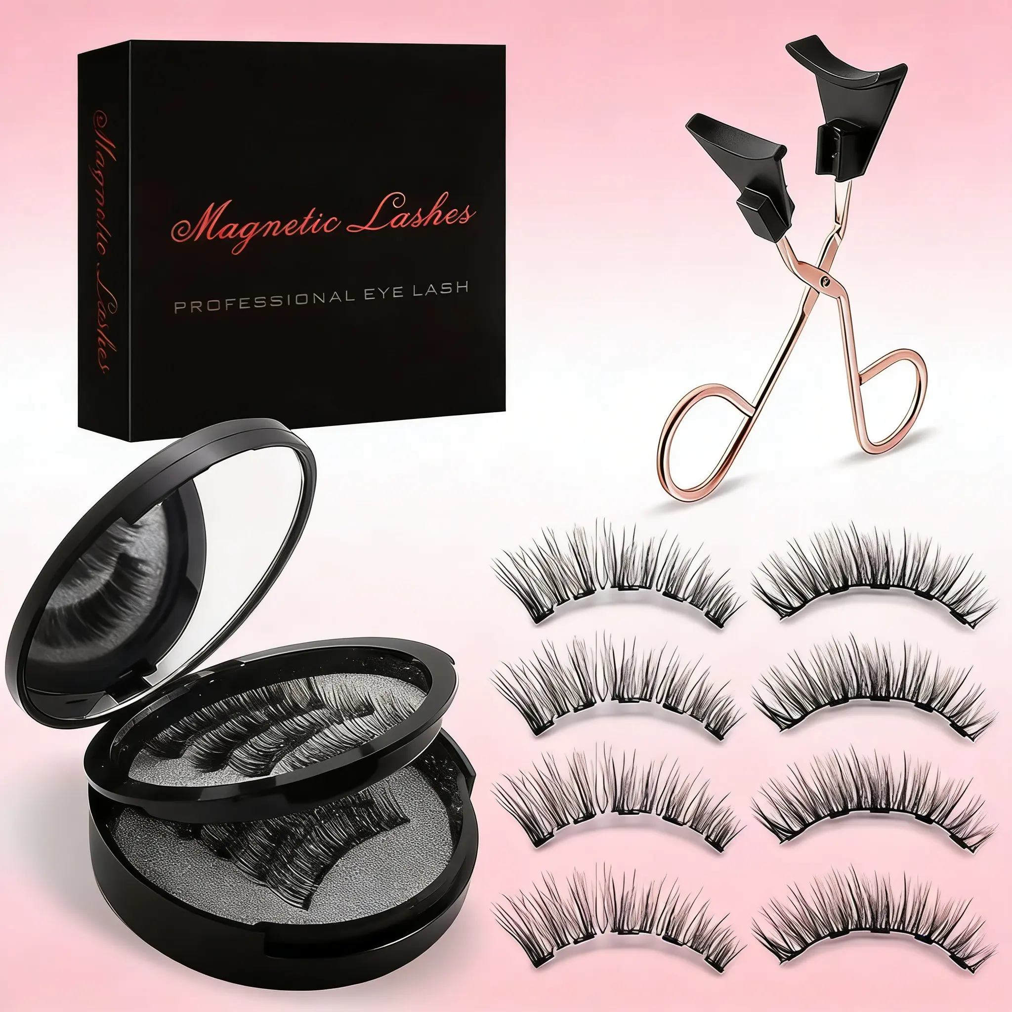 Magnetic False Eyelash Set - 4 Multiple Pairs Magnetic Eyelash Kit with Applicator, Natural Look for Daily Makeup Days, Easy to Apply, Reusable