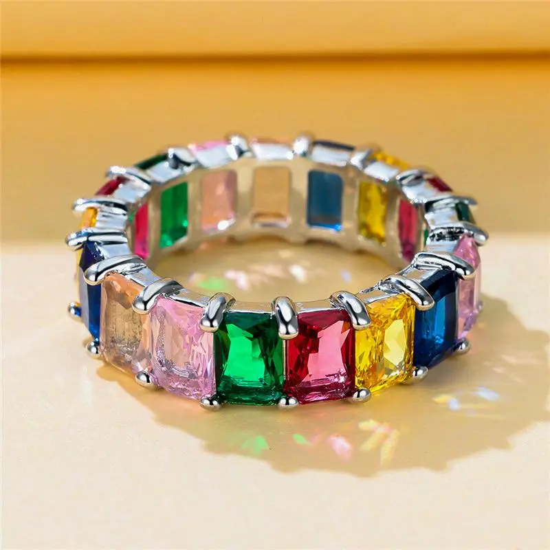 Luxury Female Rainbow Zircon Stone Rings Yellow Gold Color Wedding Jewelry For Women Small Square Engagement Ring