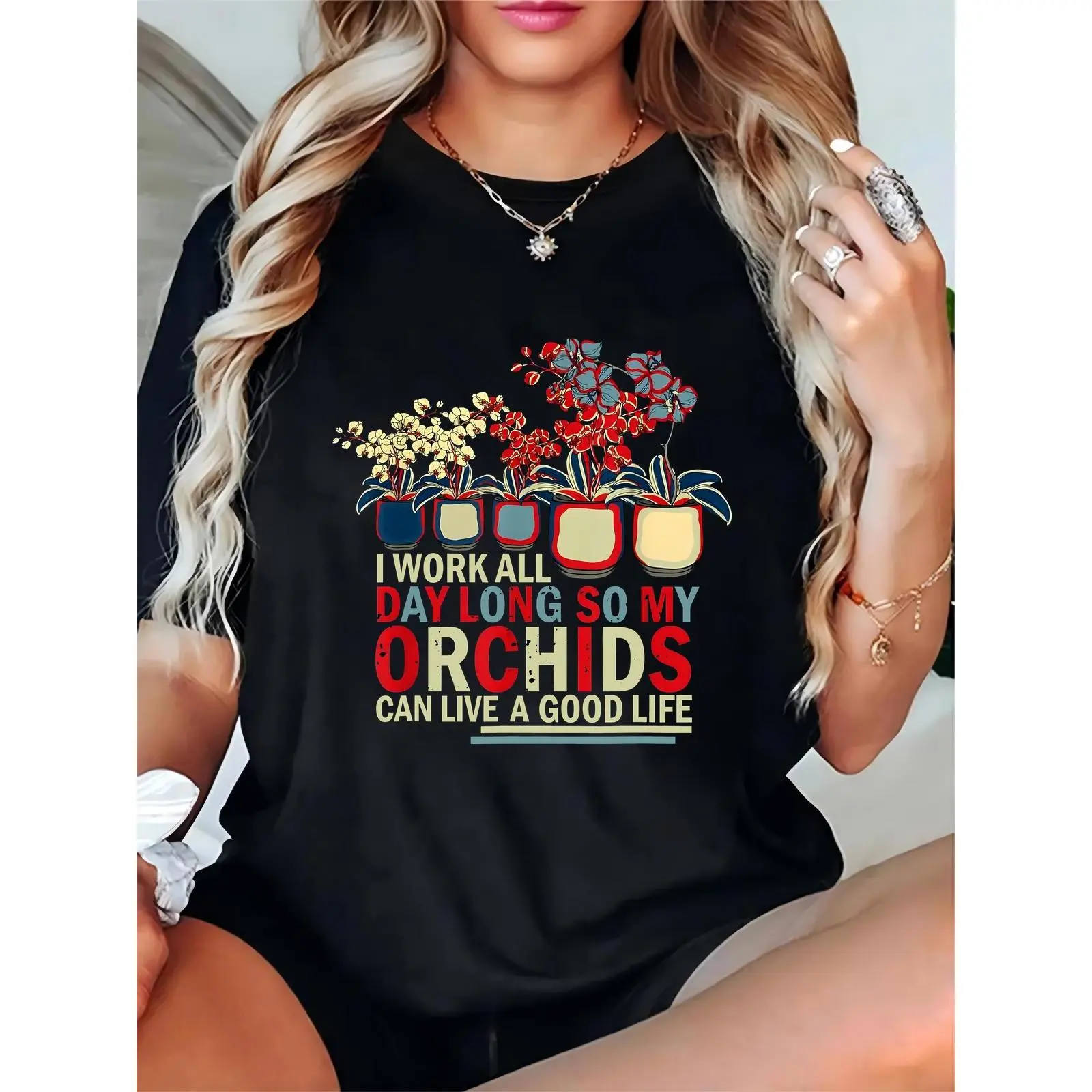 Women's Pure Cotton Vintage Orchid Print T-Shirt - Short Sleeve Crewneck Tops, Casual Loose-Fitting Comfortable Clothes for Plant Lovers, Lightweight Breathable Ootd Ideas