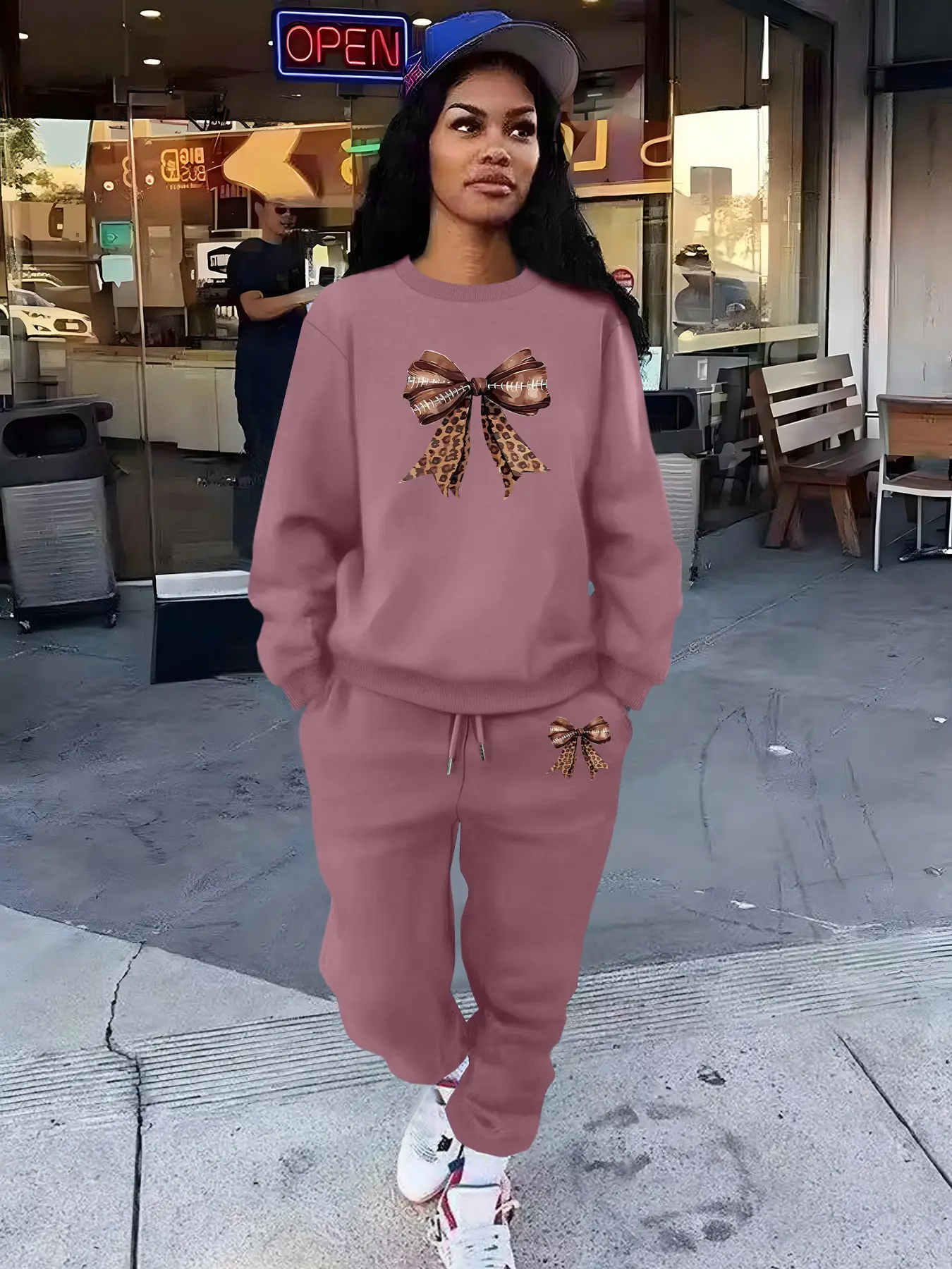 bow pattern printing  Women's Casual Loose Fit Bow Pattern Print Set, Round Neck Long Sleeve Pullover & Pants, Comfortable Daily Wear for Sports & Outdoor Activities