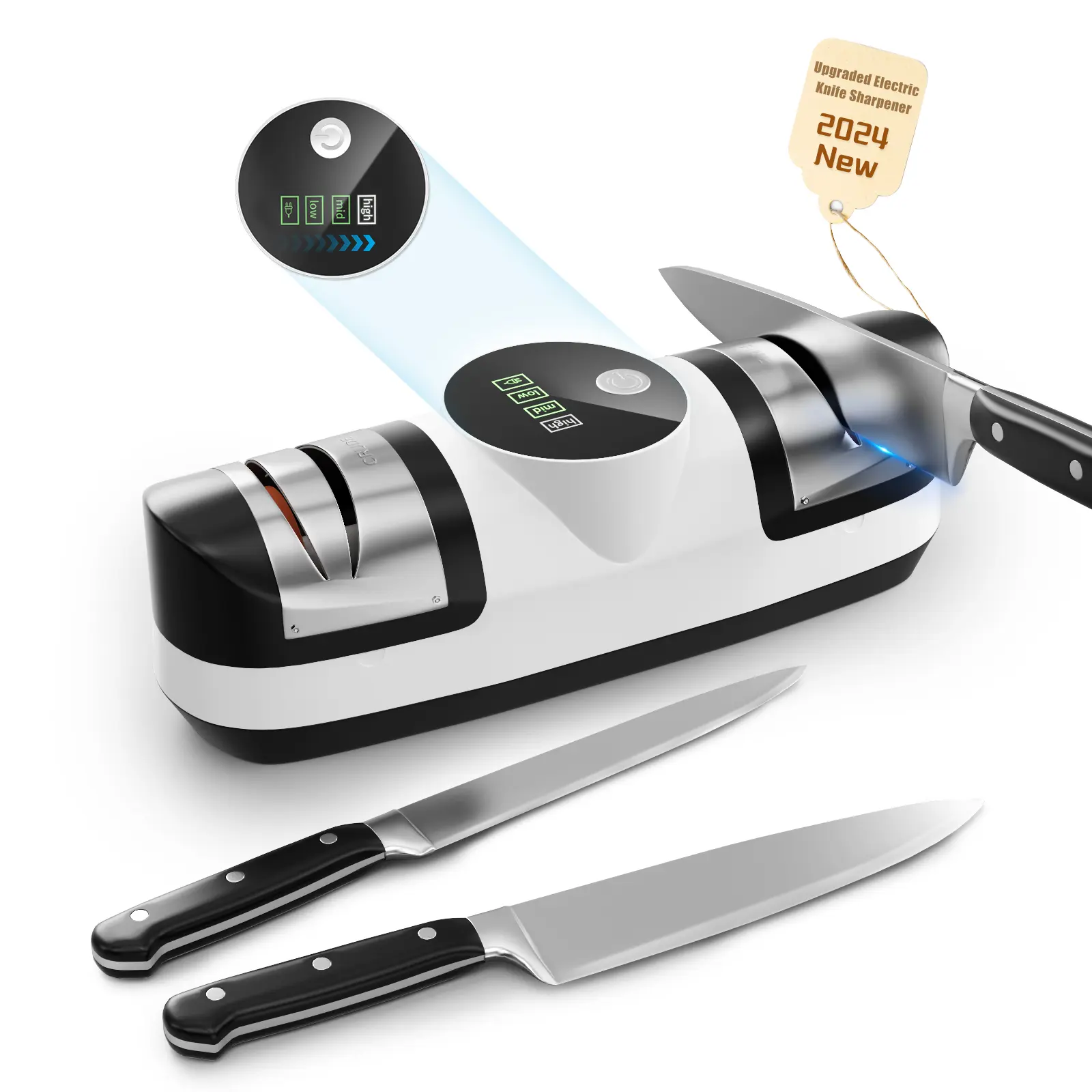 Electric Knife Sharpener, 5 in 1 Knife Sharpening System with 3 Speed Setting, Rechargeable Professional Diamond Knife Sharpener with LED Display for Rough & Fine Sharpening