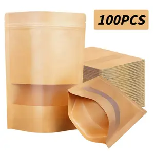 100 Pcs Kraft Paper Self-Seal Bags, Reusable Waterproof Food Grade Snack Tea Storage, Stand Up Coffee Bean Nut Candy Divider, Commercial Home Use
