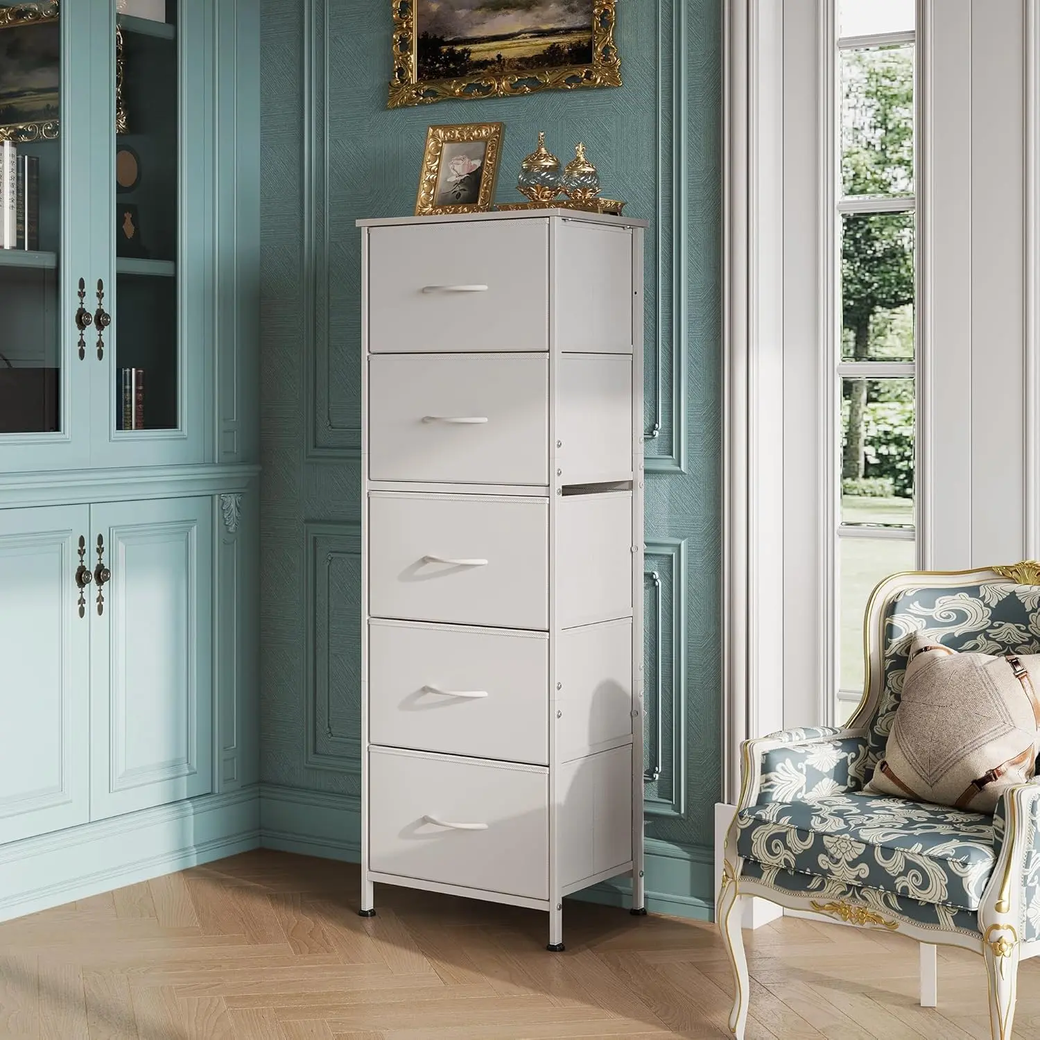 Tall Dresser for Bedroom, Fabric 5 Drawer Dressers for Closet, Storage Organizer with Removable Bins, Chest of Drawers with Sturdy Steel Frame, Living Room, Entryway