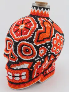 Handmade Handcrafted Mexican Wixarica Huichol Red Glass Bottle