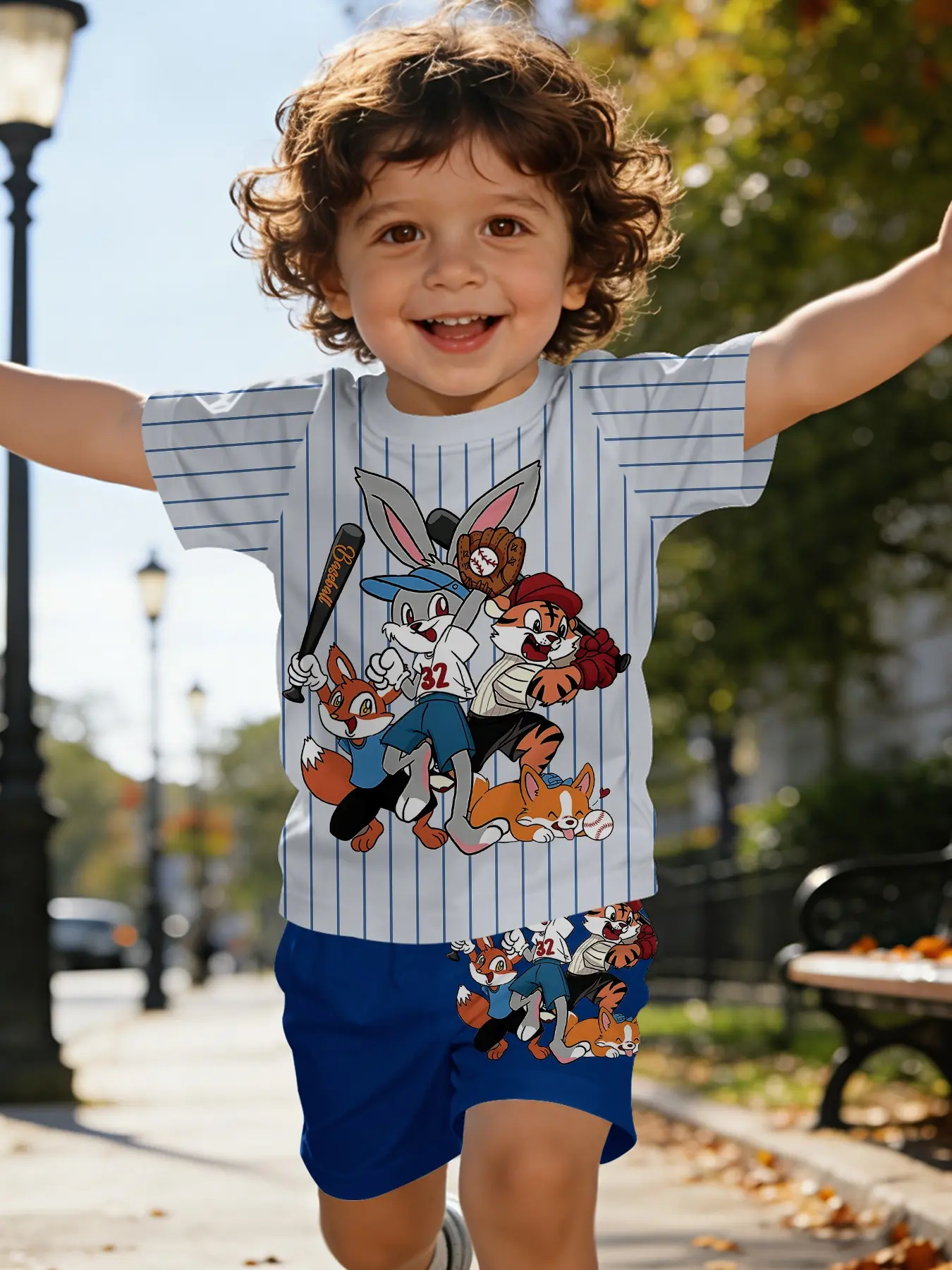 Striped baseball cartoon printed short-sleeve set for infants and toddlers, casual kids' clothing for babies, T-shirt suitable for daily and outdoor sports. 100% polyester, a perfect gift for infants and toddlers! Striped Sets, Matching Set