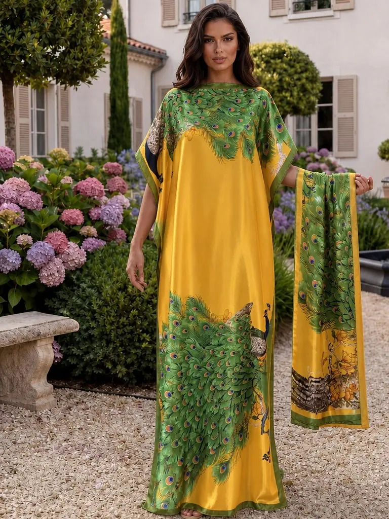 [MOOMOO] Women’s Boho Print Beach Cover Up Dress & Scarf Set – Floral / Peacock / Colorblock Shawl Poncho, Soft Summer Vacation Beachwear, TikTok Trending Outfit.001