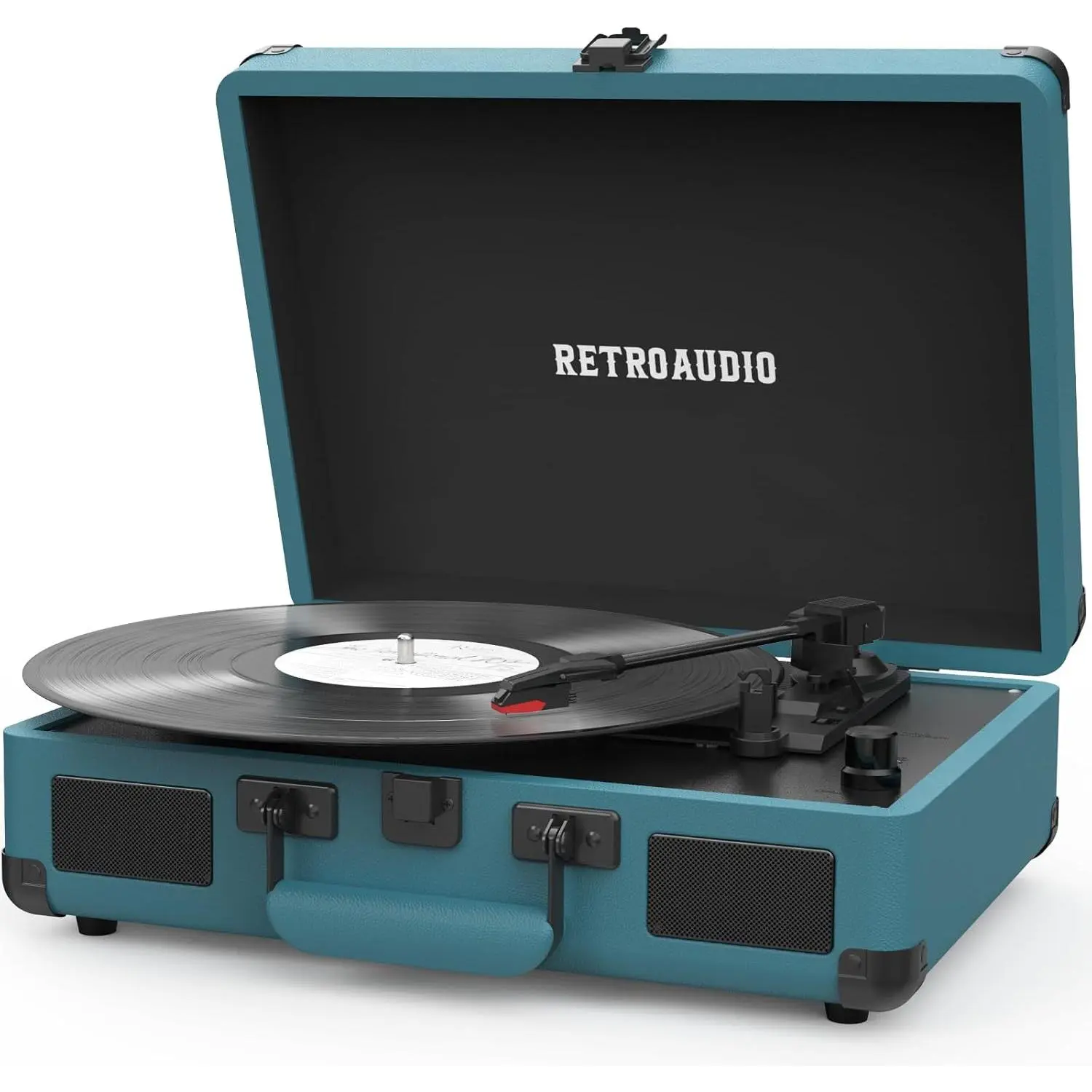Vintage Suitcase Vinyl Record Player with Retro Touch - 3-Speed Belt-Driven Portable Bluetooth Turntable, Smoke Blue Finish, 2 Built-In Stereo Speakers, Auto Stop, Anti-Skip Play, RCA Line-Out, AUX Out, Compatible with 7/10/12-Inch Vinyl Records