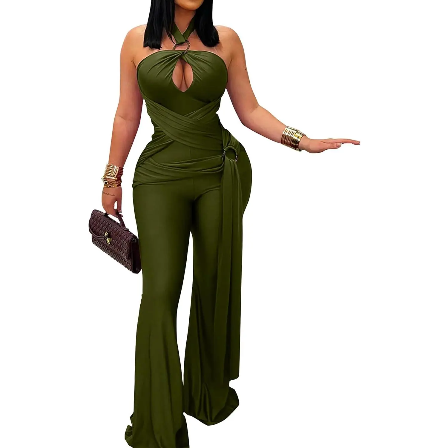 Figdaw Jumpsuits for Women Dressy Casual One Piece Outfits Sexy Halter Neck Sleeveless Flared Pants Romper Jumpsuit