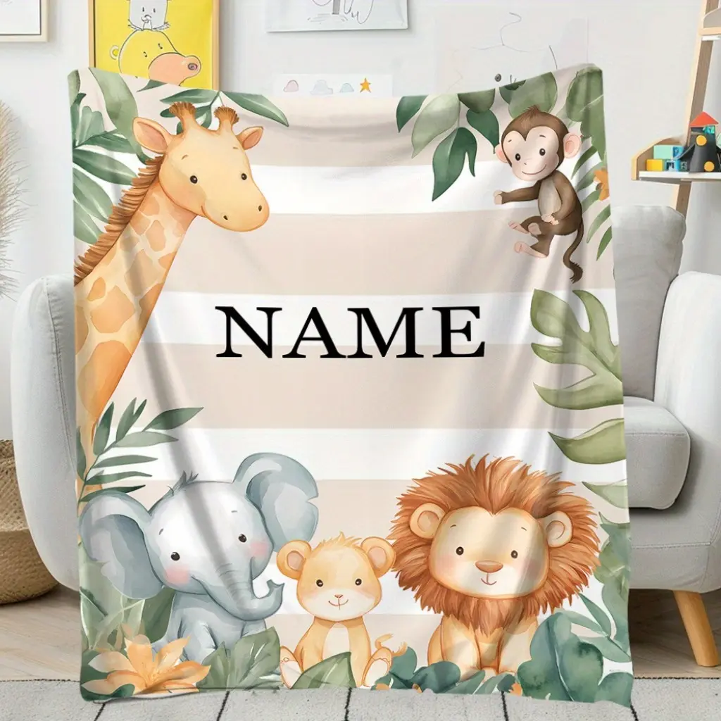 Name Cute Animal Print Flannel Blanket - Soft Quilted All-Season Cozy Throw for Bed, Sofa, Gift, Contemporary Jungle Theme with Giraffe, Elephant, Monkey & Lion Design, Allseason Blanket | Custom Name Blanket | Quilted Texture, Personalized Blanket